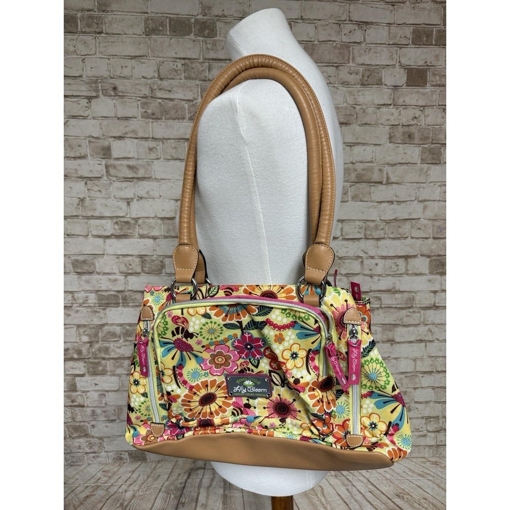 Medium Floral Yellow  Print Lily Bloom Satchel Bag Maggie Top Handle Storage